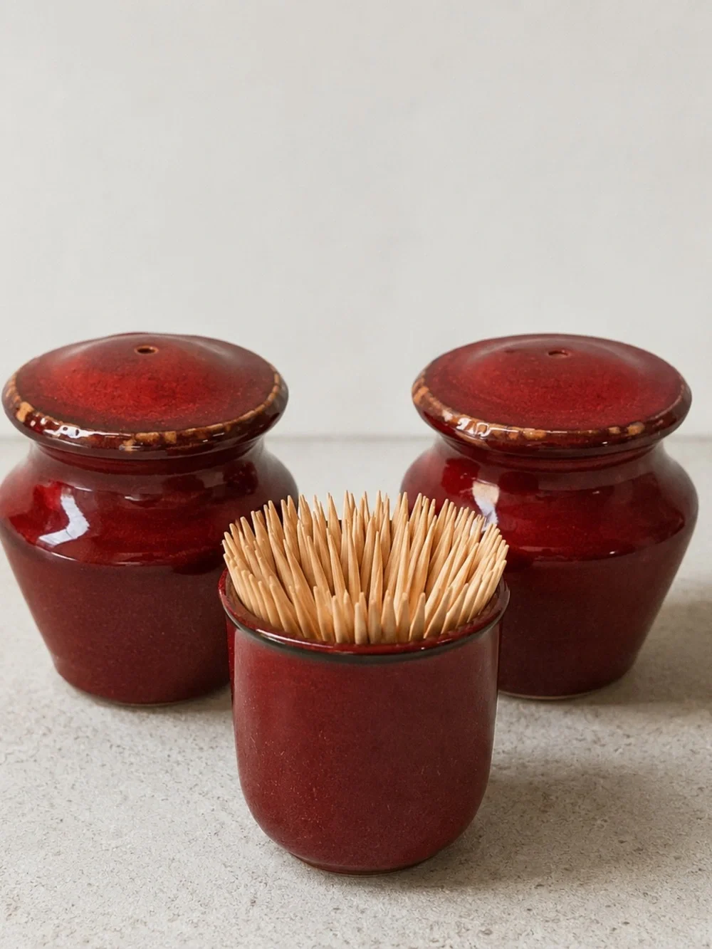 Vintage Red Ceramic Salt & Pepper Shakers & Toothpick Holder Set – New